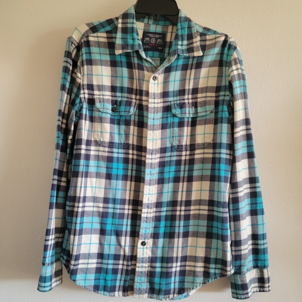 American‎ Eagle Outfitters Mens Athletic Fit Plaid Flannel Shirt Teal Navy M